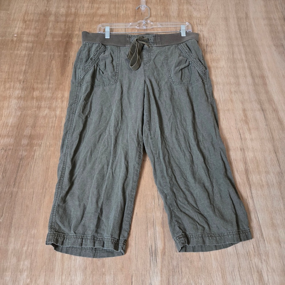 Linen Blend Cropped Pants Womens Size 10 Green Capris Drawstring Casual Gorpcore